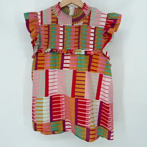 THML Smocked Ruffle Top Womens Medium Multicolor Geometric Patchwork Sleeveless - Picture 3 of 9